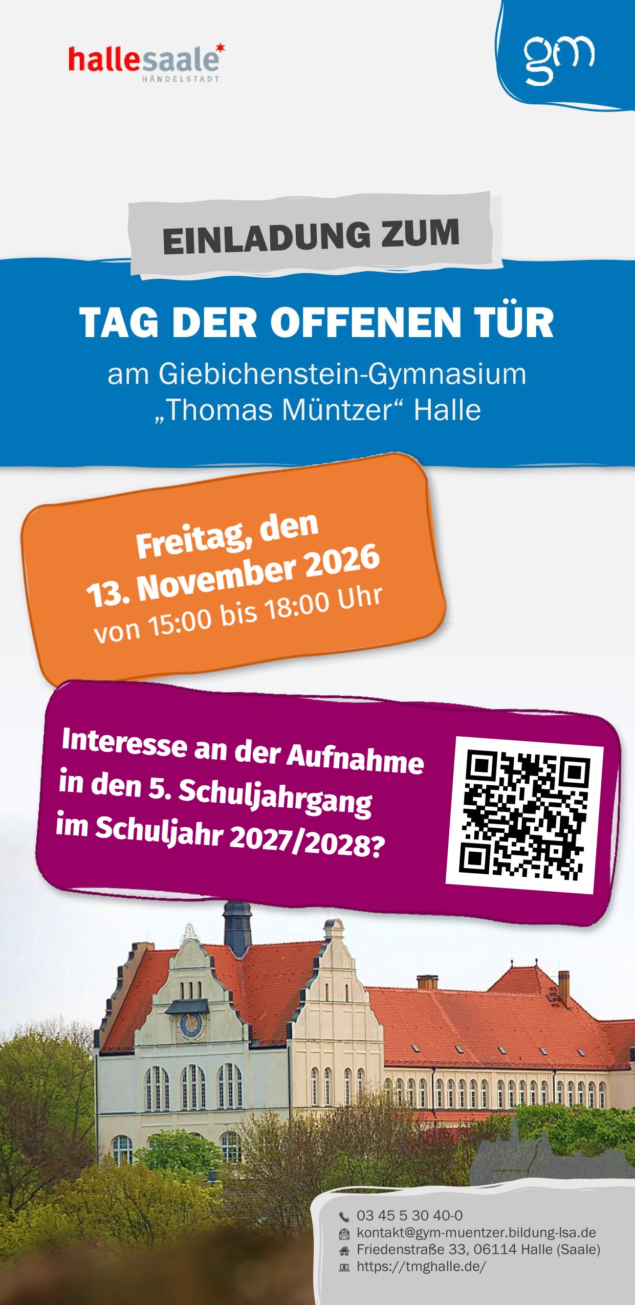 Einladung zum Tag der offenen Tür am Giebichenstein-Gymnasium am Freitag, den 13. November 2026, von 15:00 bis 18:00 Uhr – Interesse an der Aufnahme in den 5. Schuljahrgang im Schuljahr 2027/2028?